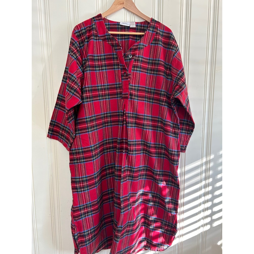 NWOT Vermont Country Store Red Plaid Cotton Flannel Nightgown 1XL Pockets